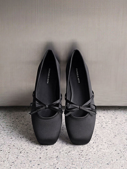 CHARLES & KEITH Trusted / Satin Bow Ballet Flats - Black Textured