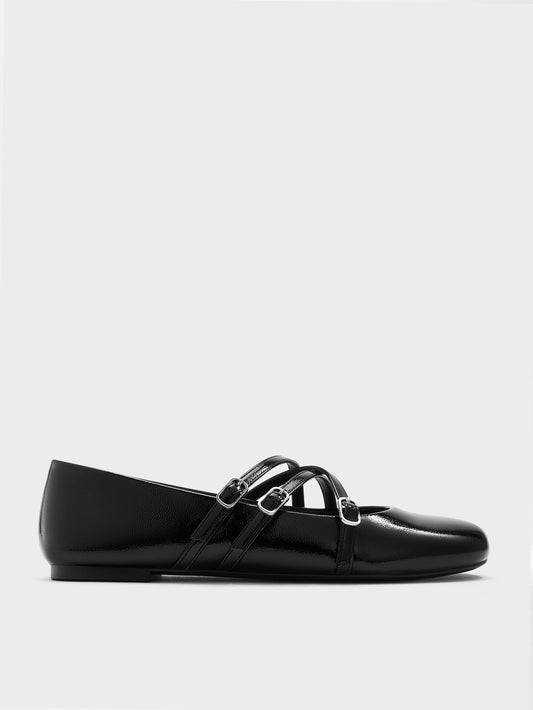 CHARLES & KEITH Featured / Patent Triple-Strap Mary Jane Flats - Black Patent