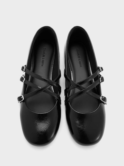 CHARLES & KEITH Featured / Patent Triple-Strap Mary Jane Flats - Black Patent