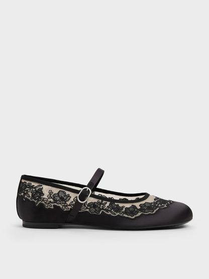 CHARLES & KEITH Premium / Satin Embroidered-Mesh Mary Jane Flats - Black Textured
