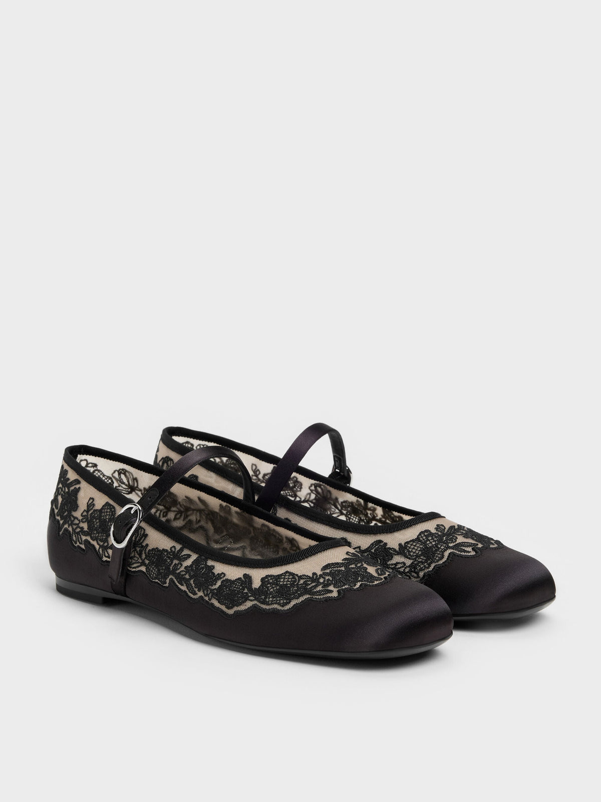 CHARLES & KEITH Premium / Satin Embroidered-Mesh Mary Jane Flats - Black Textured