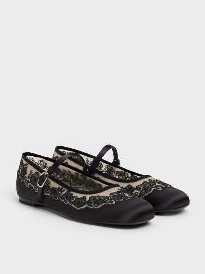 CHARLES & KEITH Premium / Satin Embroidered-Mesh Mary Jane Flats - Black Textured