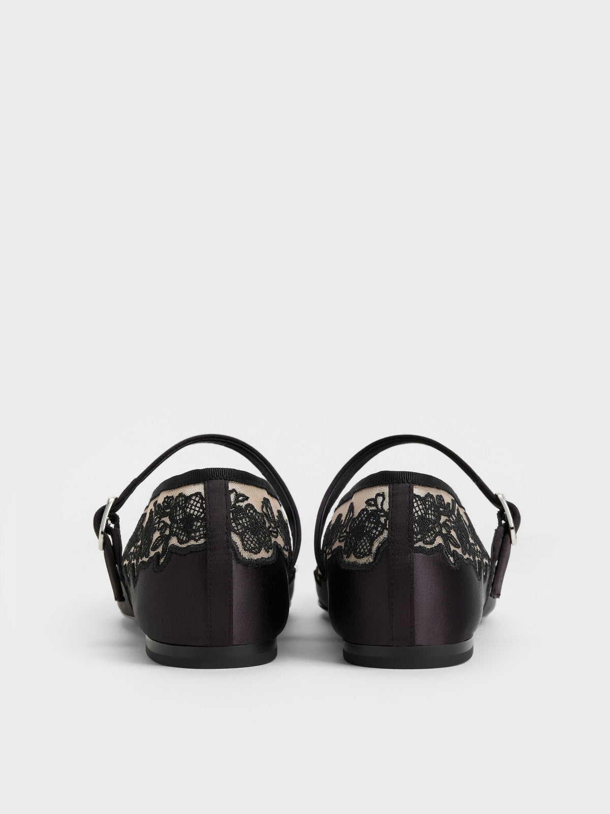 CHARLES & KEITH Premium / Satin Embroidered-Mesh Mary Jane Flats - Black Textured