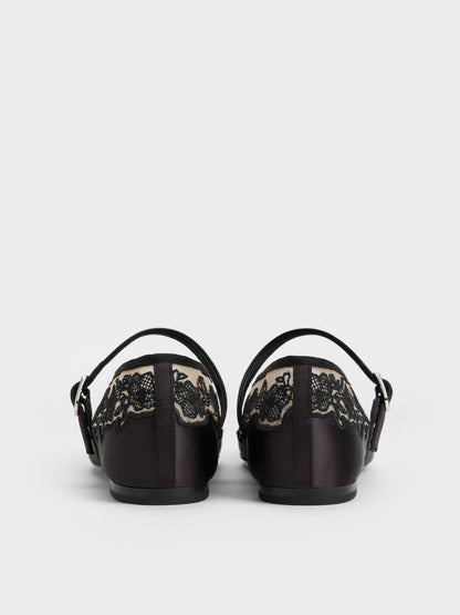 CHARLES & KEITH Premium / Satin Embroidered-Mesh Mary Jane Flats - Black Textured