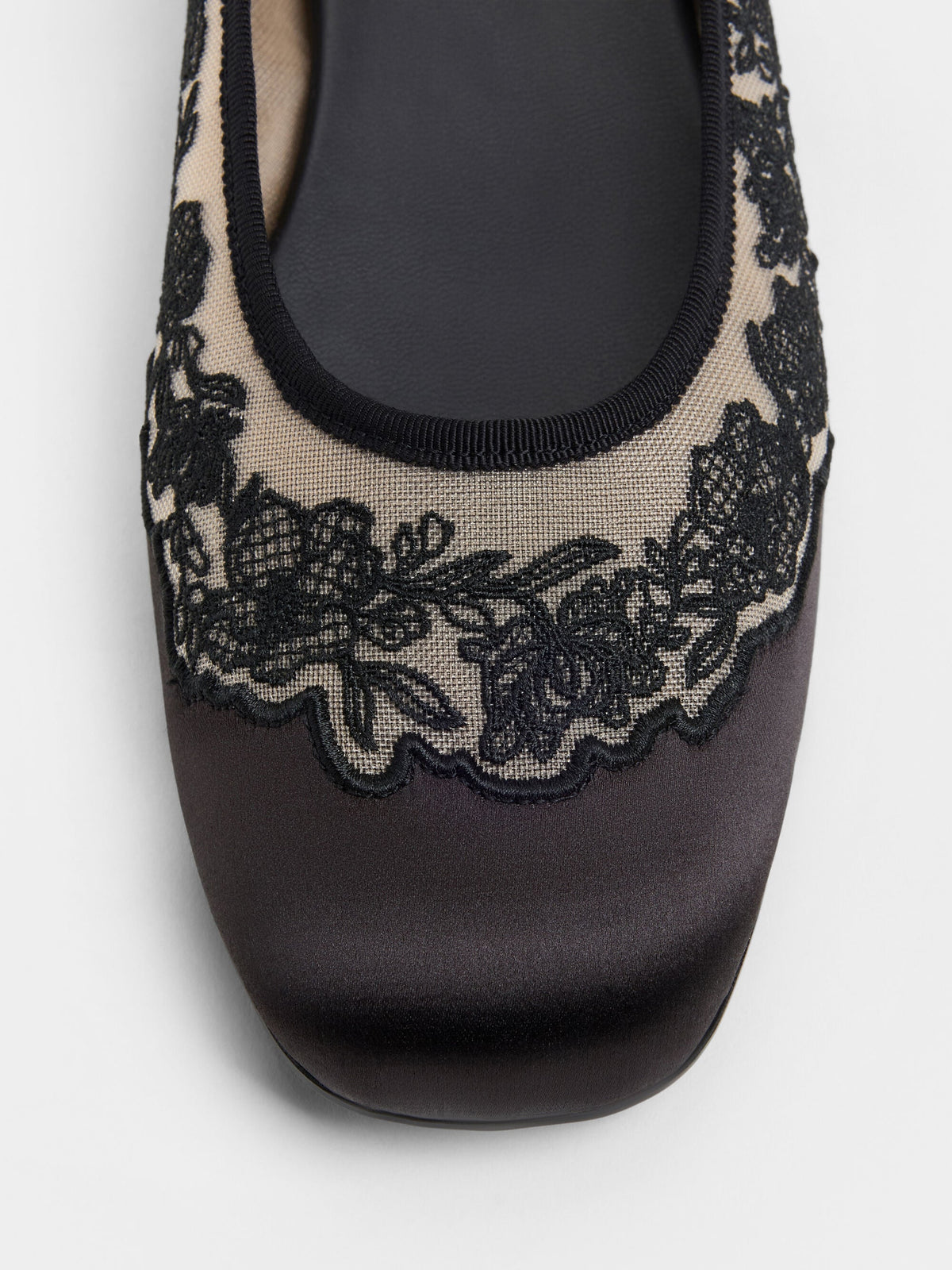 CHARLES & KEITH Premium / Satin Embroidered-Mesh Mary Jane Flats - Black Textured