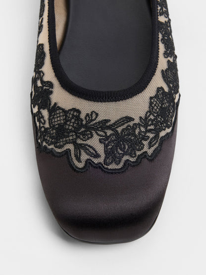 CHARLES & KEITH Premium / Satin Embroidered-Mesh Mary Jane Flats - Black Textured