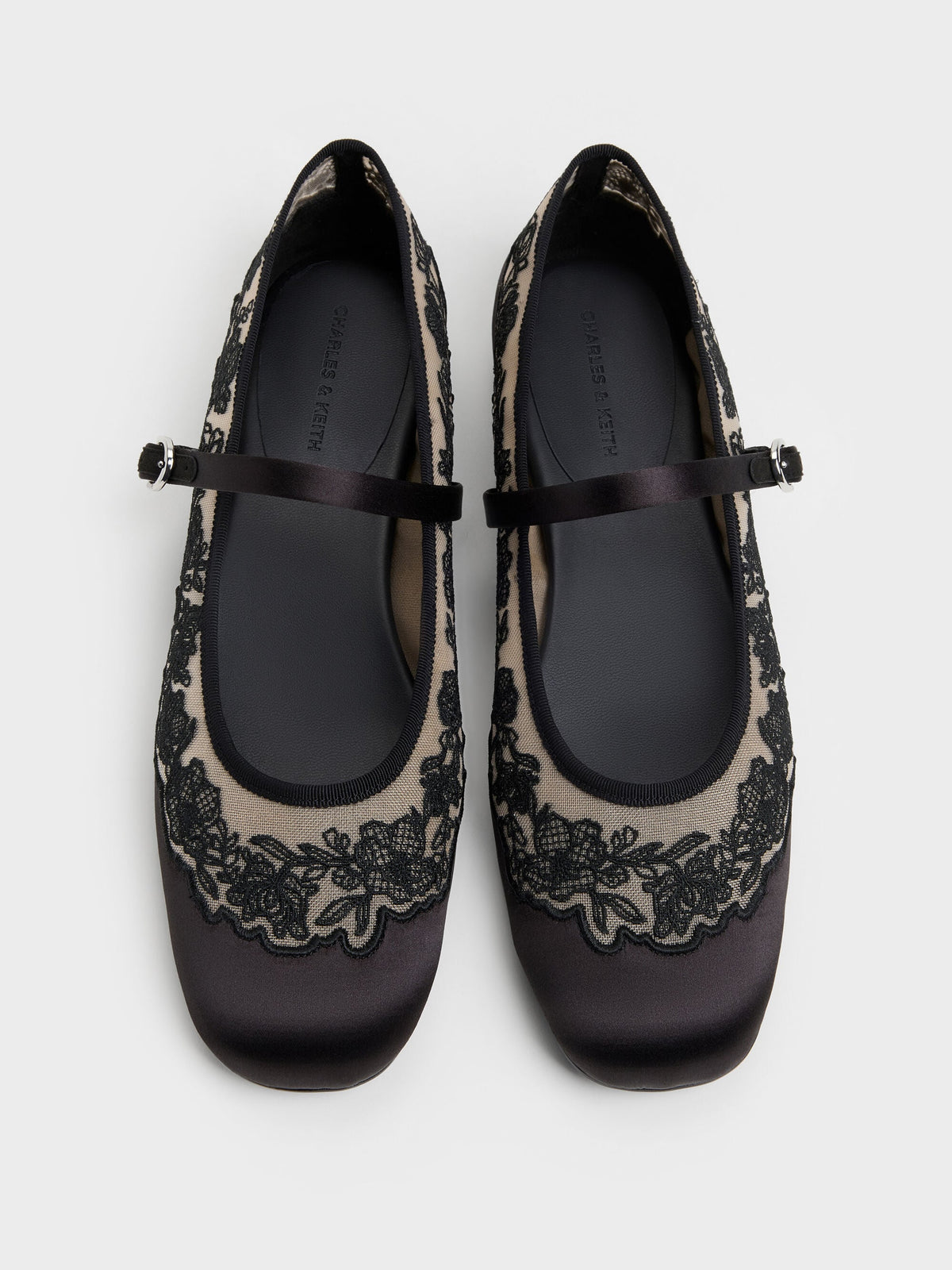 CHARLES & KEITH Premium / Satin Embroidered-Mesh Mary Jane Flats - Black Textured