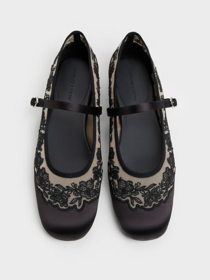 CHARLES & KEITH Premium / Satin Embroidered-Mesh Mary Jane Flats - Black Textured