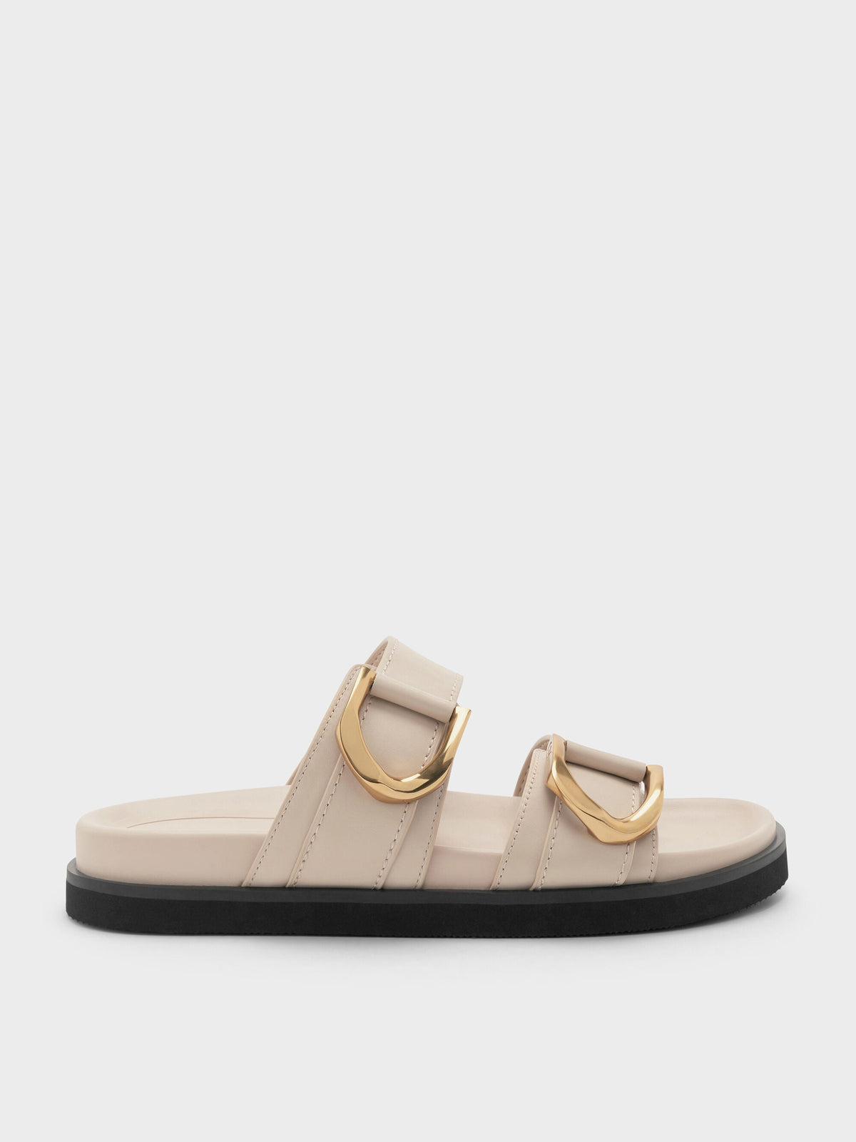 CHARLES & KEITH Great Value / Gabine Gold-Buckle Leather Slides - Oat
