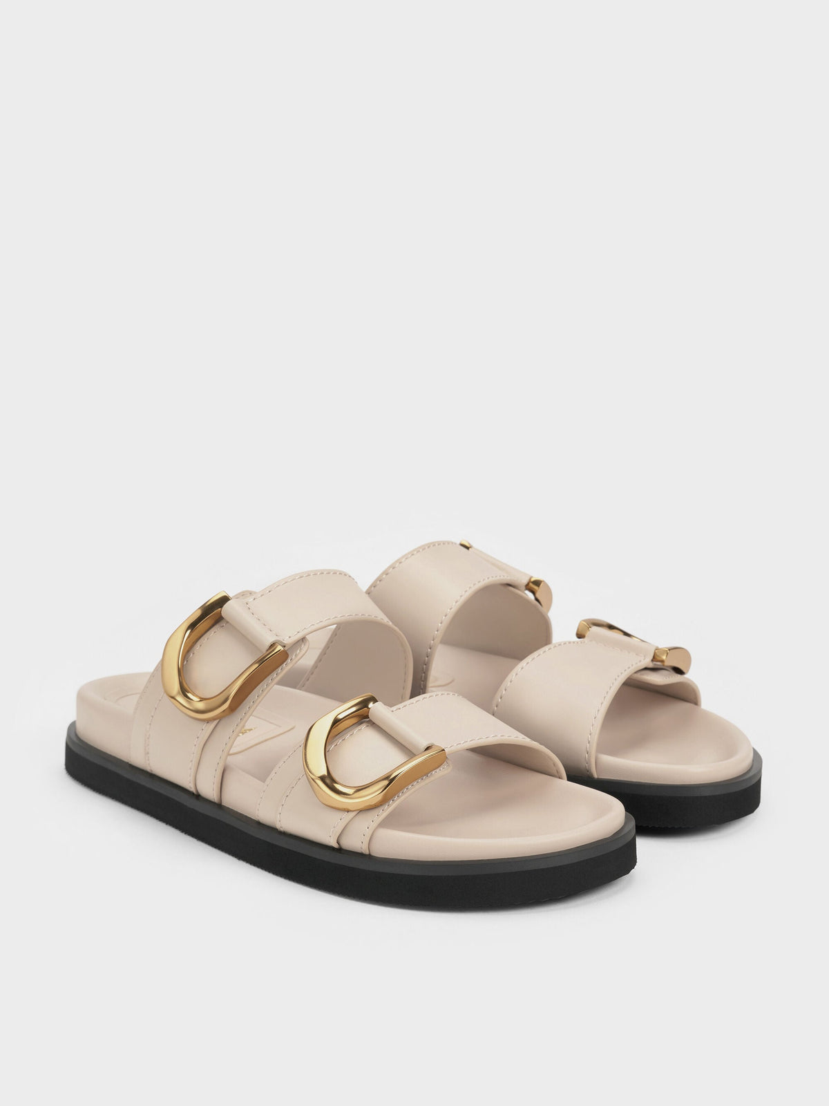CHARLES & KEITH Great Value / Gabine Gold-Buckle Leather Slides - Oat