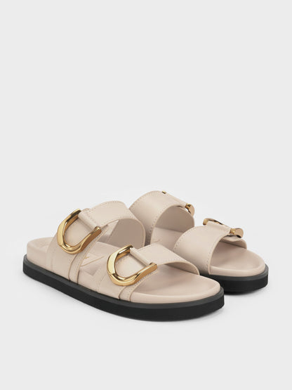 CHARLES & KEITH Great Value / Gabine Gold-Buckle Leather Slides - Oat