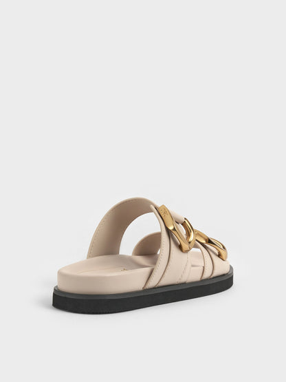 CHARLES & KEITH Great Value / Gabine Gold-Buckle Leather Slides - Oat