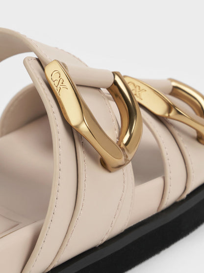 CHARLES & KEITH Great Value / Gabine Gold-Buckle Leather Slides - Oat