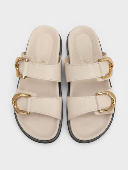 CHARLES & KEITH Great Value / Gabine Gold-Buckle Leather Slides - Oat
