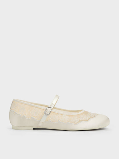 CHARLES & KEITH Smart Buy / Satin Embroidered-Mesh Mary Jane Flats - White