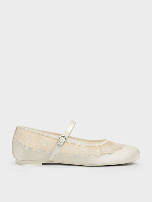 CHARLES & KEITH Smart Buy / Satin Embroidered-Mesh Mary Jane Flats - White