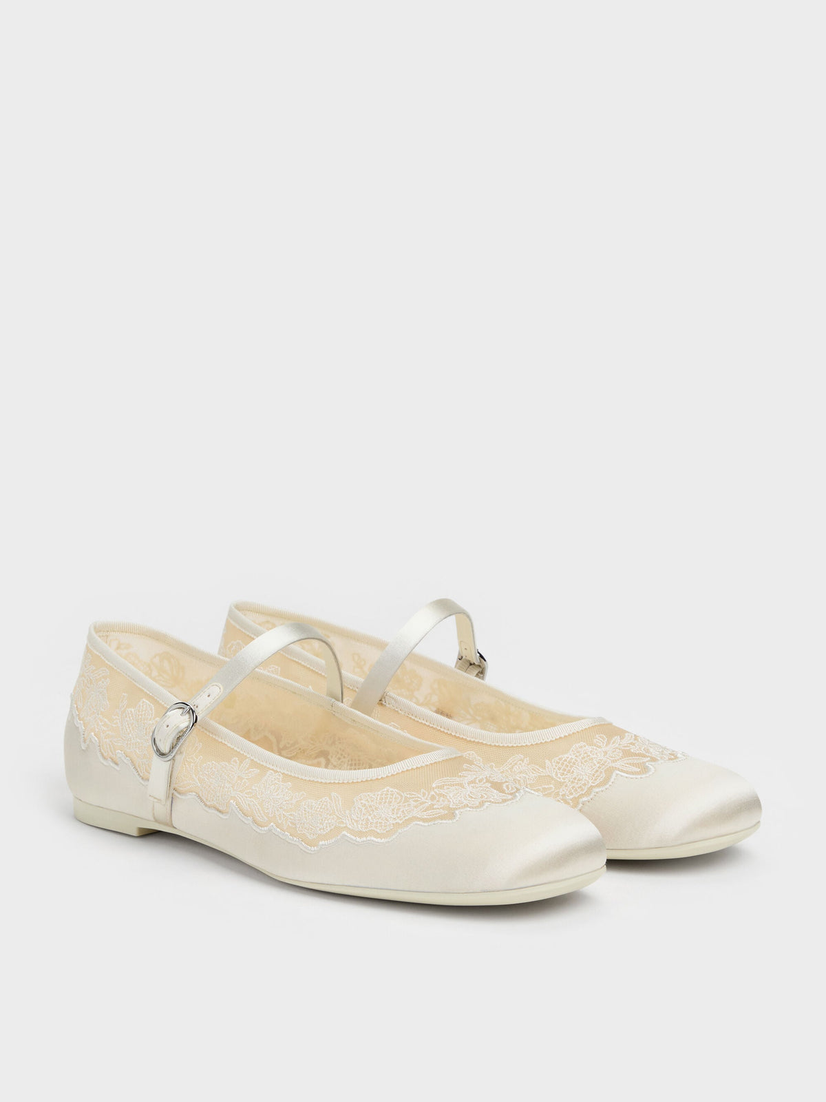 CHARLES & KEITH Smart Buy / Satin Embroidered-Mesh Mary Jane Flats - White