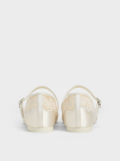 CHARLES & KEITH Smart Buy / Satin Embroidered-Mesh Mary Jane Flats - White