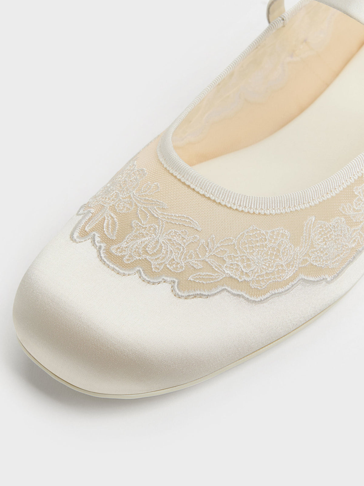 CHARLES & KEITH Smart Buy / Satin Embroidered-Mesh Mary Jane Flats - White