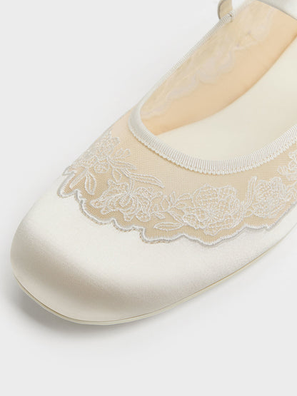 CHARLES & KEITH Smart Buy / Satin Embroidered-Mesh Mary Jane Flats - White