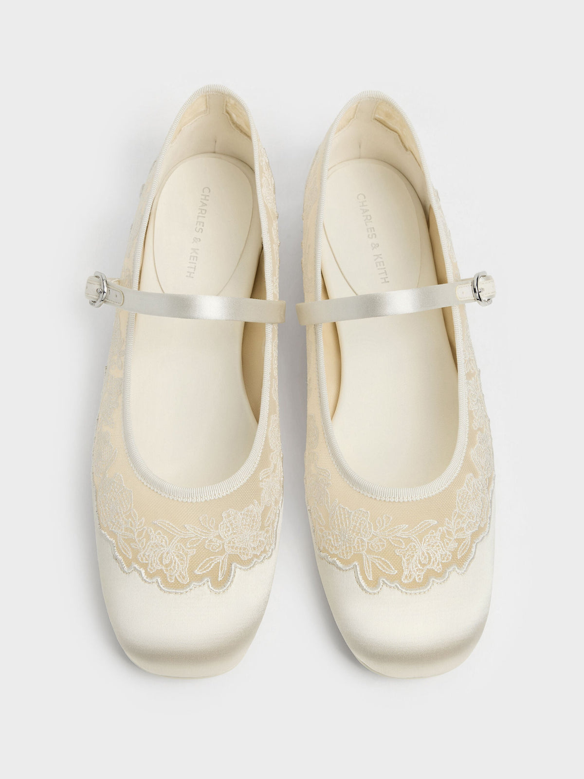 CHARLES & KEITH Smart Buy / Satin Embroidered-Mesh Mary Jane Flats - White
