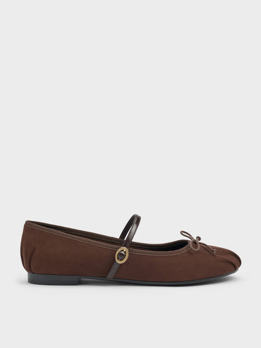 CHARLES & KEITH Quality / Emiko Faux Suede Bow Mary Jane Flats - Dark Brown Textured