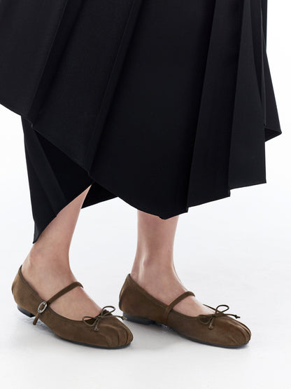 CHARLES & KEITH Quality / Emiko Faux Suede Bow Mary Jane Flats - Dark Brown Textured