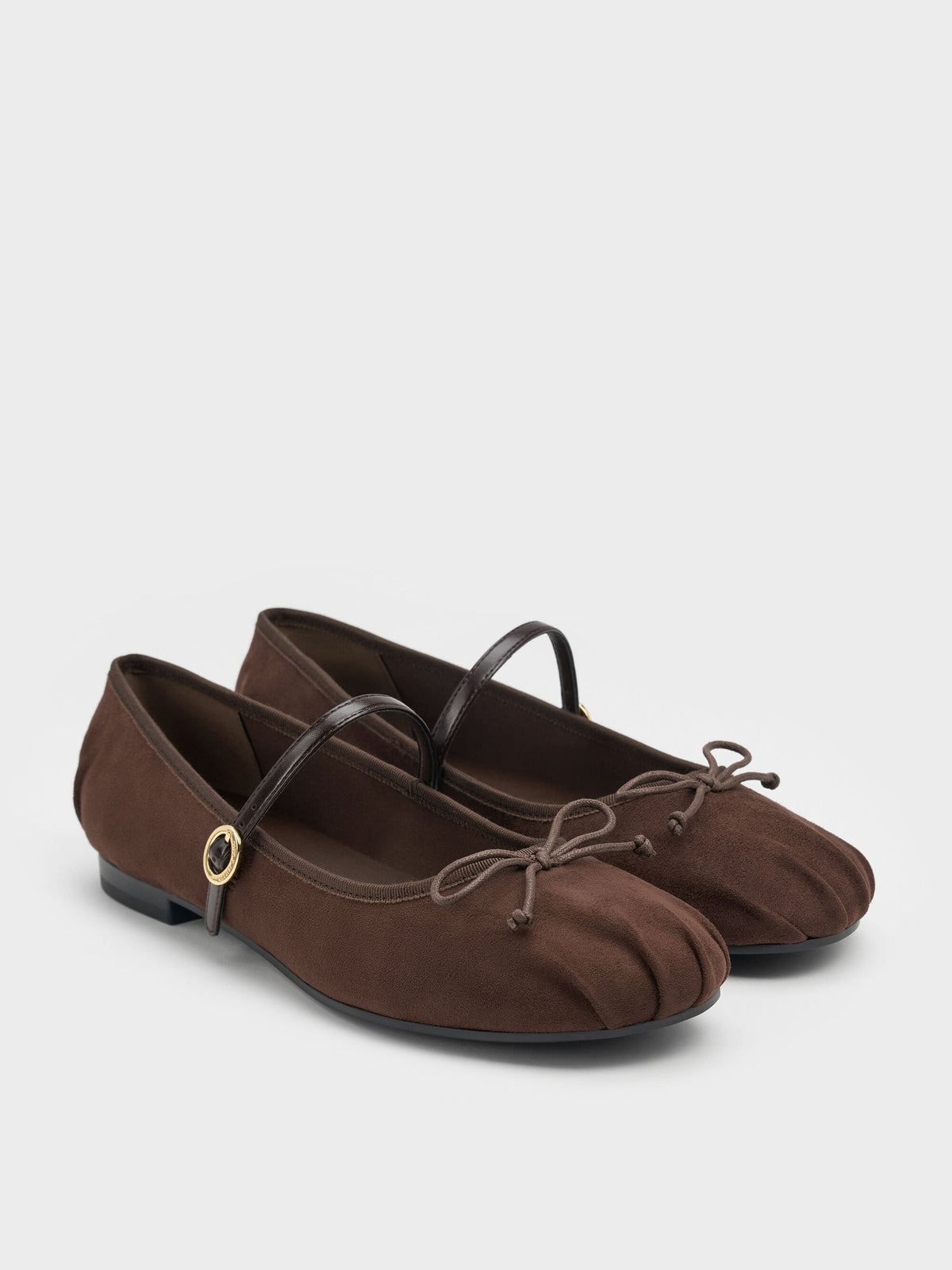 CHARLES & KEITH Quality / Emiko Faux Suede Bow Mary Jane Flats - Dark Brown Textured