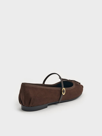 CHARLES & KEITH Quality / Emiko Faux Suede Bow Mary Jane Flats - Dark Brown Textured