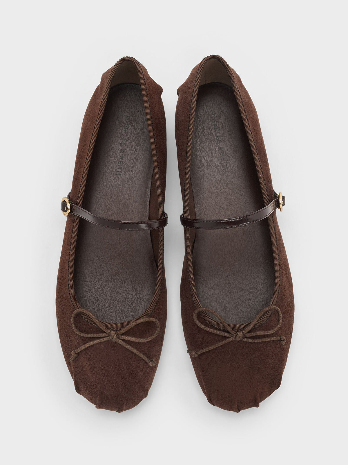 CHARLES & KEITH Quality / Emiko Faux Suede Bow Mary Jane Flats - Dark Brown Textured