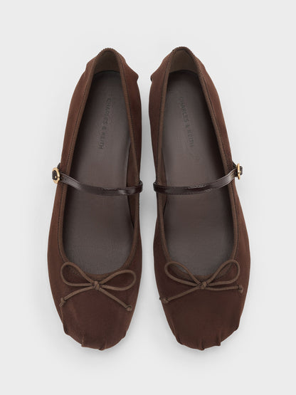 CHARLES & KEITH Quality / Emiko Faux Suede Bow Mary Jane Flats - Dark Brown Textured