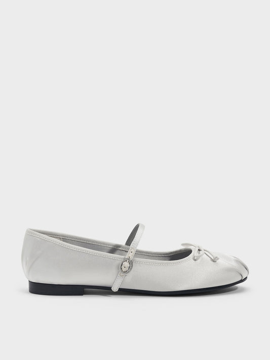 CHARLES & KEITH Great Value / Emiko Satin Bow Mary Jane Flats - Silver