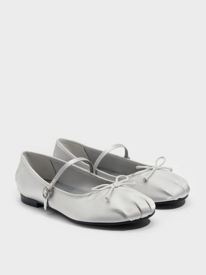 CHARLES & KEITH Great Value / Emiko Satin Bow Mary Jane Flats - Silver