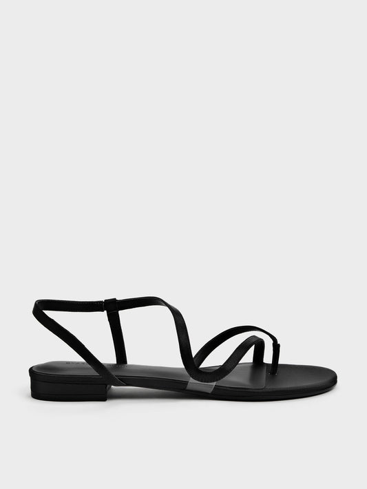 CHARLES & KEITH Premium / Arden Satin Wavy Toe-Ring Sandals - Black Textured