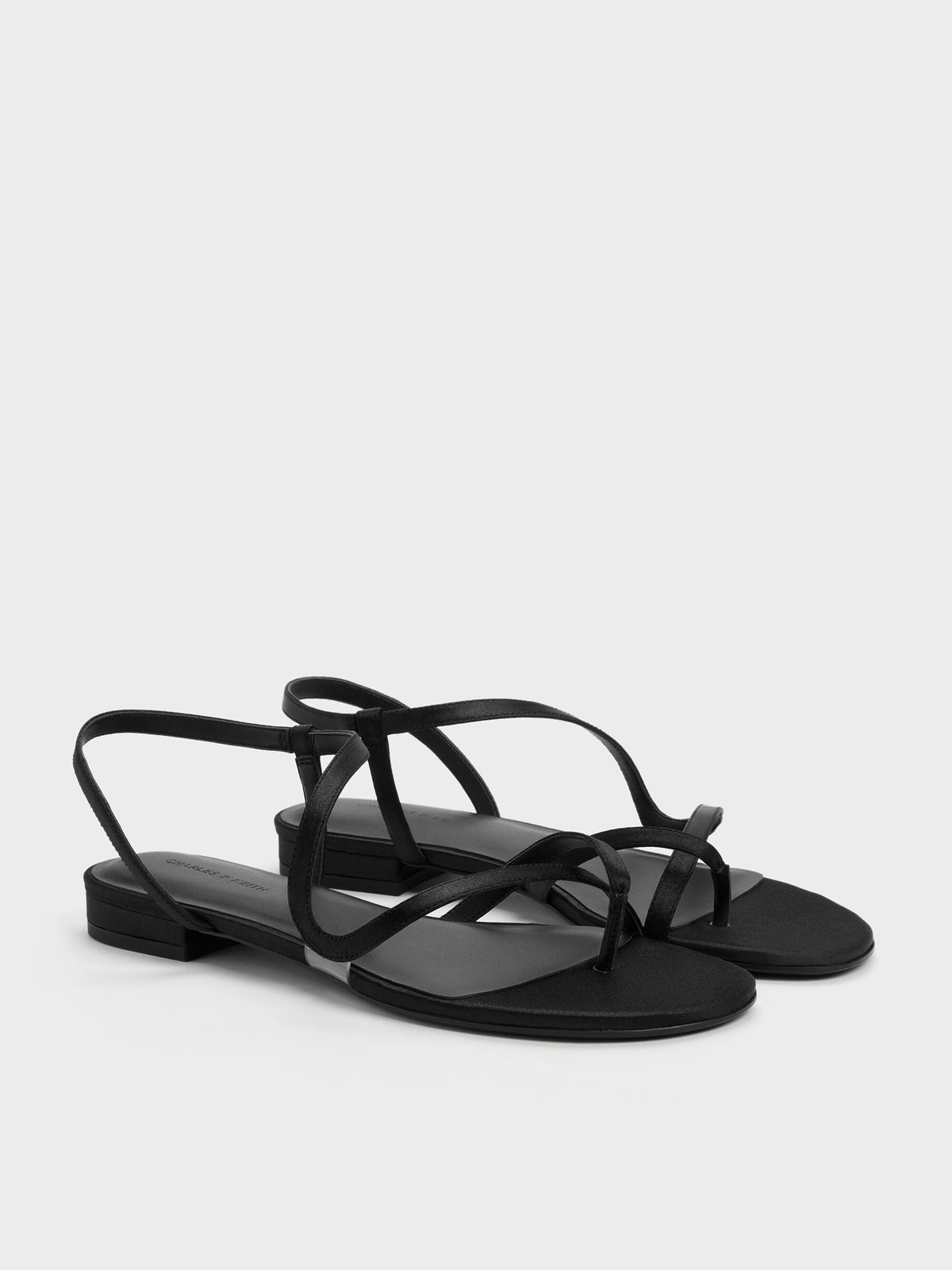 CHARLES & KEITH Premium / Arden Satin Wavy Toe-Ring Sandals - Black Textured