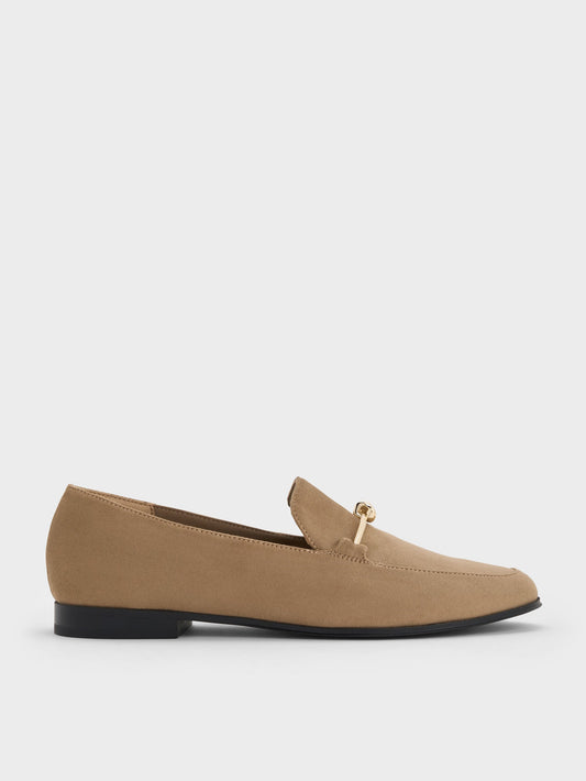 CHARLES & KEITH Top Pick / Faux Suede Metallic Knot-Bar Loafers - Camel