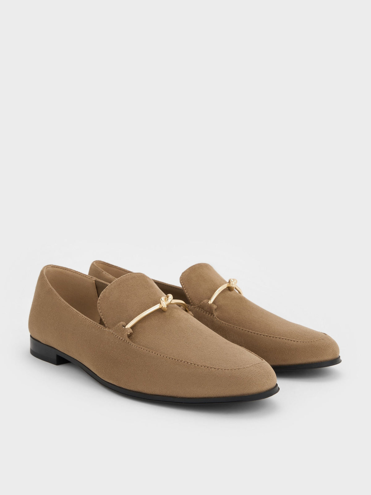 CHARLES & KEITH Top Pick / Faux Suede Metallic Knot-Bar Loafers - Camel