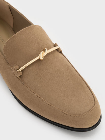 CHARLES & KEITH Top Pick / Faux Suede Metallic Knot-Bar Loafers - Camel