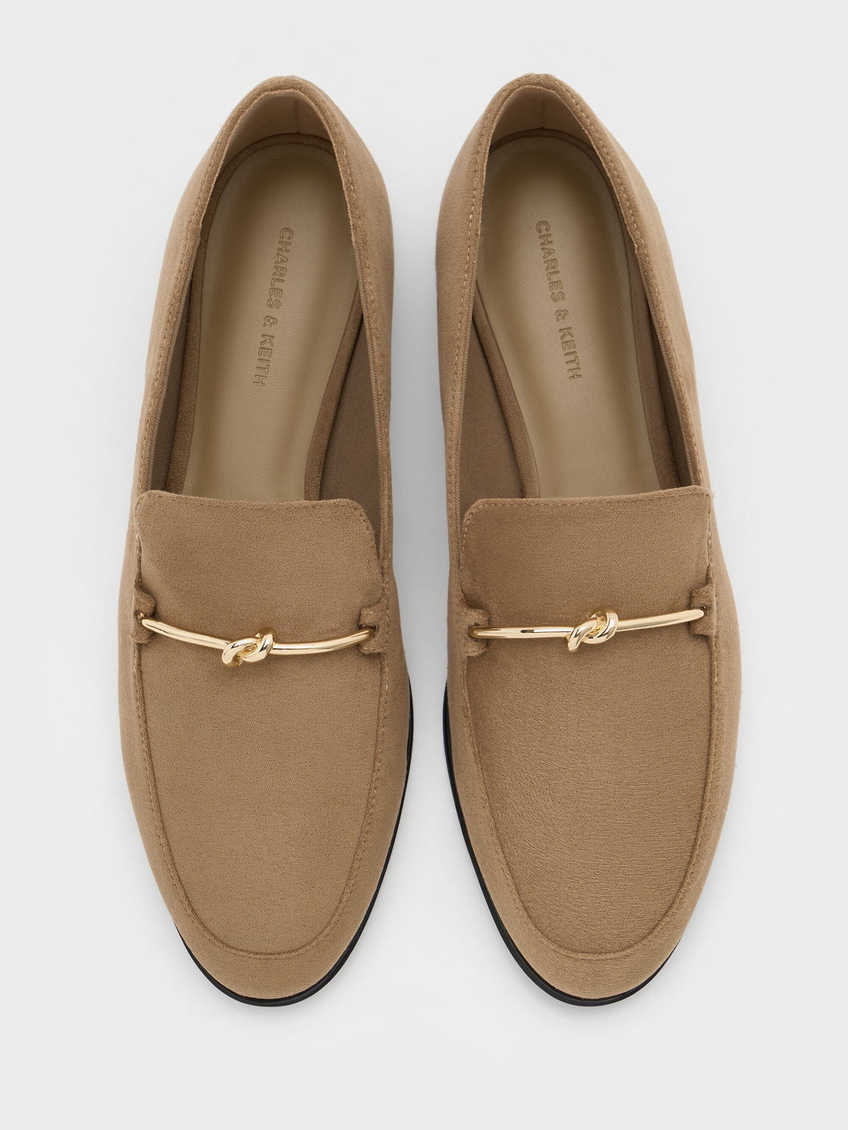 CHARLES & KEITH Top Pick / Faux Suede Metallic Knot-Bar Loafers - Camel