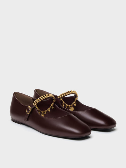 CHARLES & KEITH Essential / Double-Chain Charm Mary Jane Flats - Burgundy