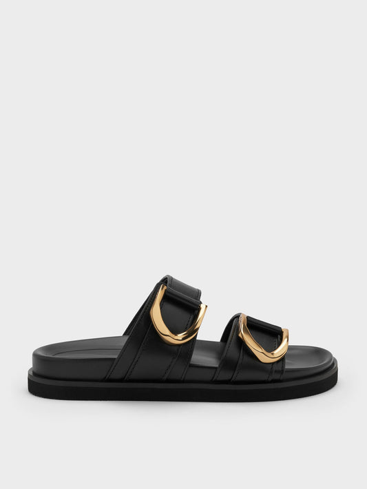 CHARLES & KEITH Signature / Gabine Gold-Buckle Leather Slides - Black