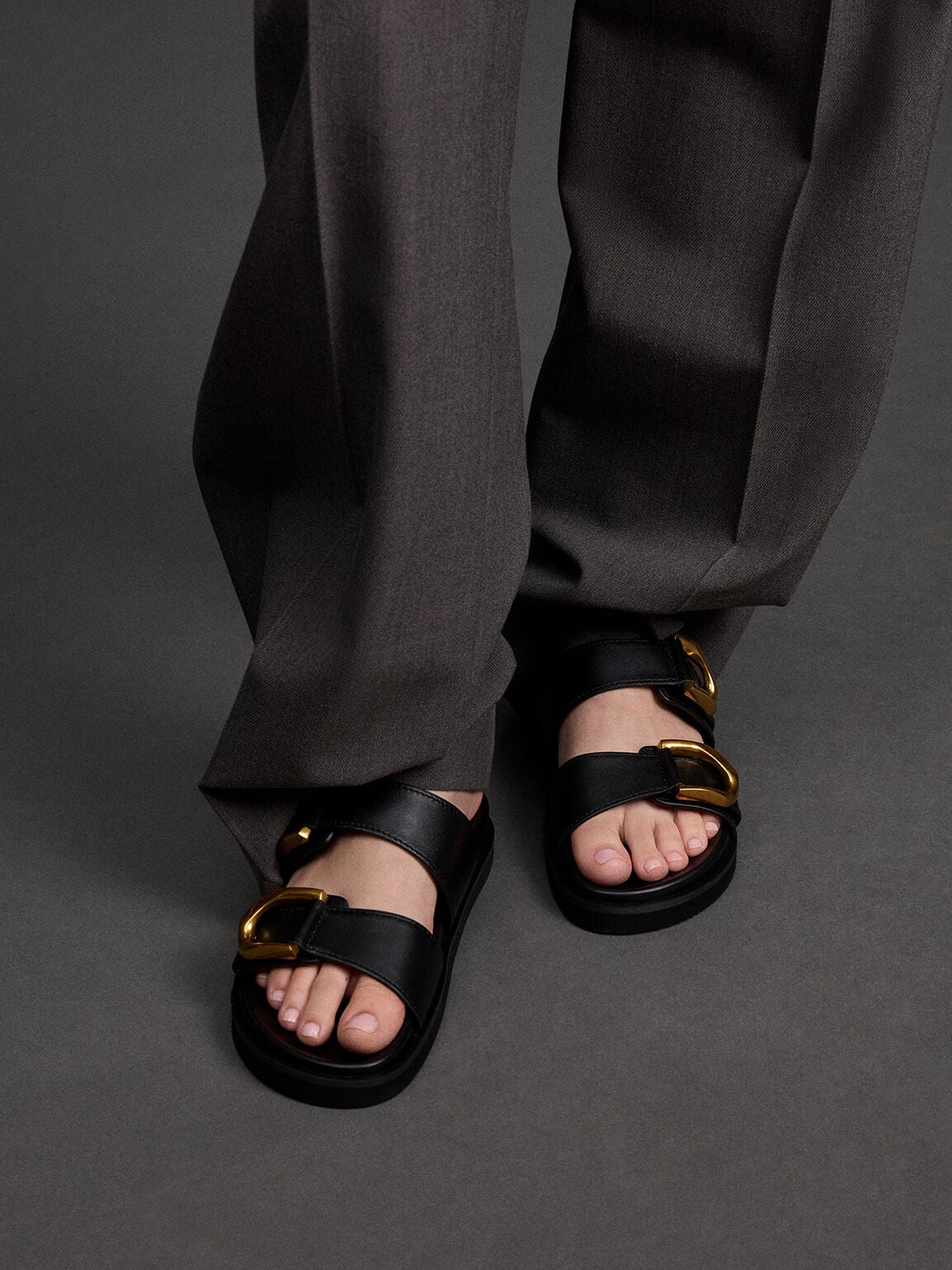 CHARLES & KEITH Signature / Gabine Gold-Buckle Leather Slides - Black