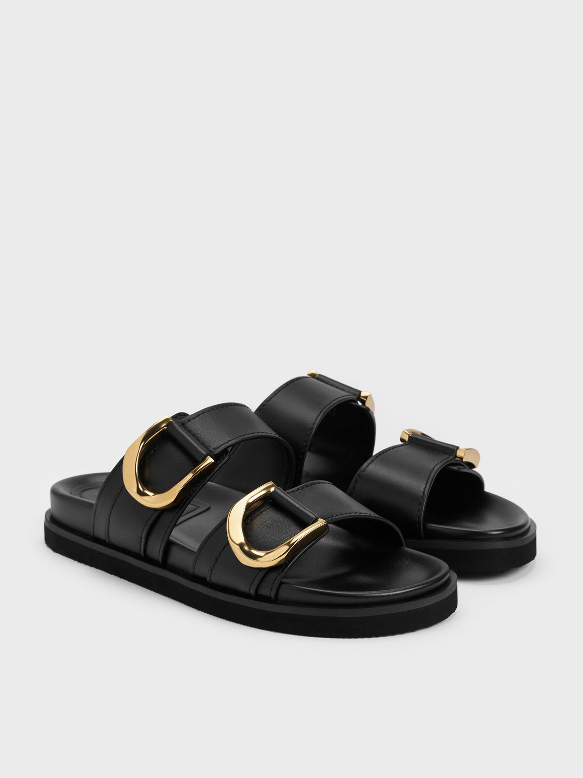 CHARLES & KEITH Signature / Gabine Gold-Buckle Leather Slides - Black