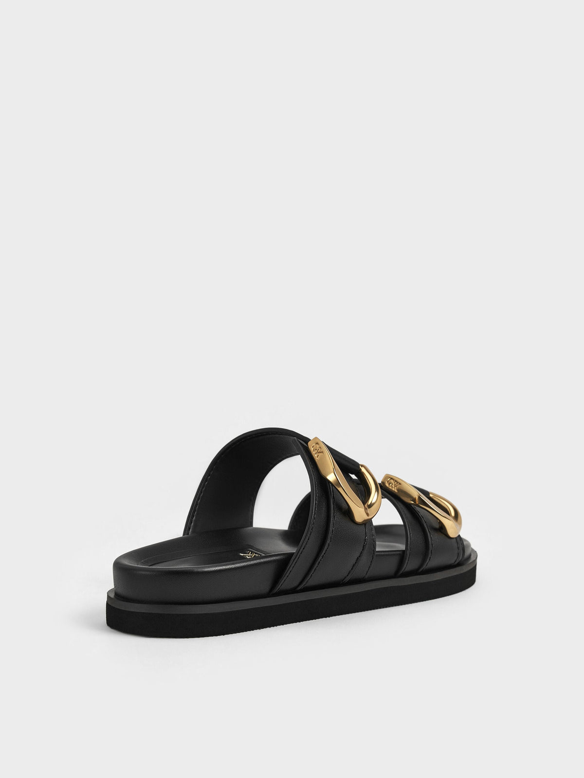 CHARLES & KEITH Signature / Gabine Gold-Buckle Leather Slides - Black