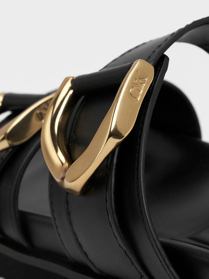 CHARLES & KEITH Signature / Gabine Gold-Buckle Leather Slides - Black