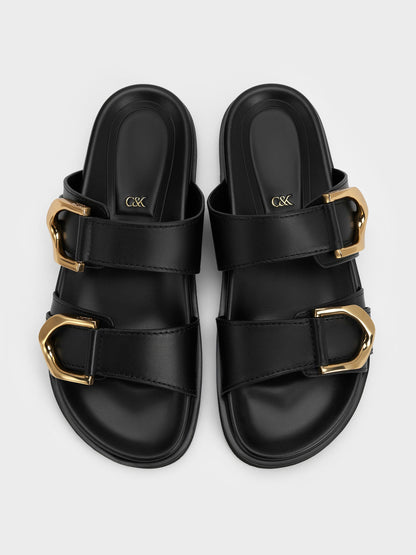CHARLES & KEITH Signature / Gabine Gold-Buckle Leather Slides - Black