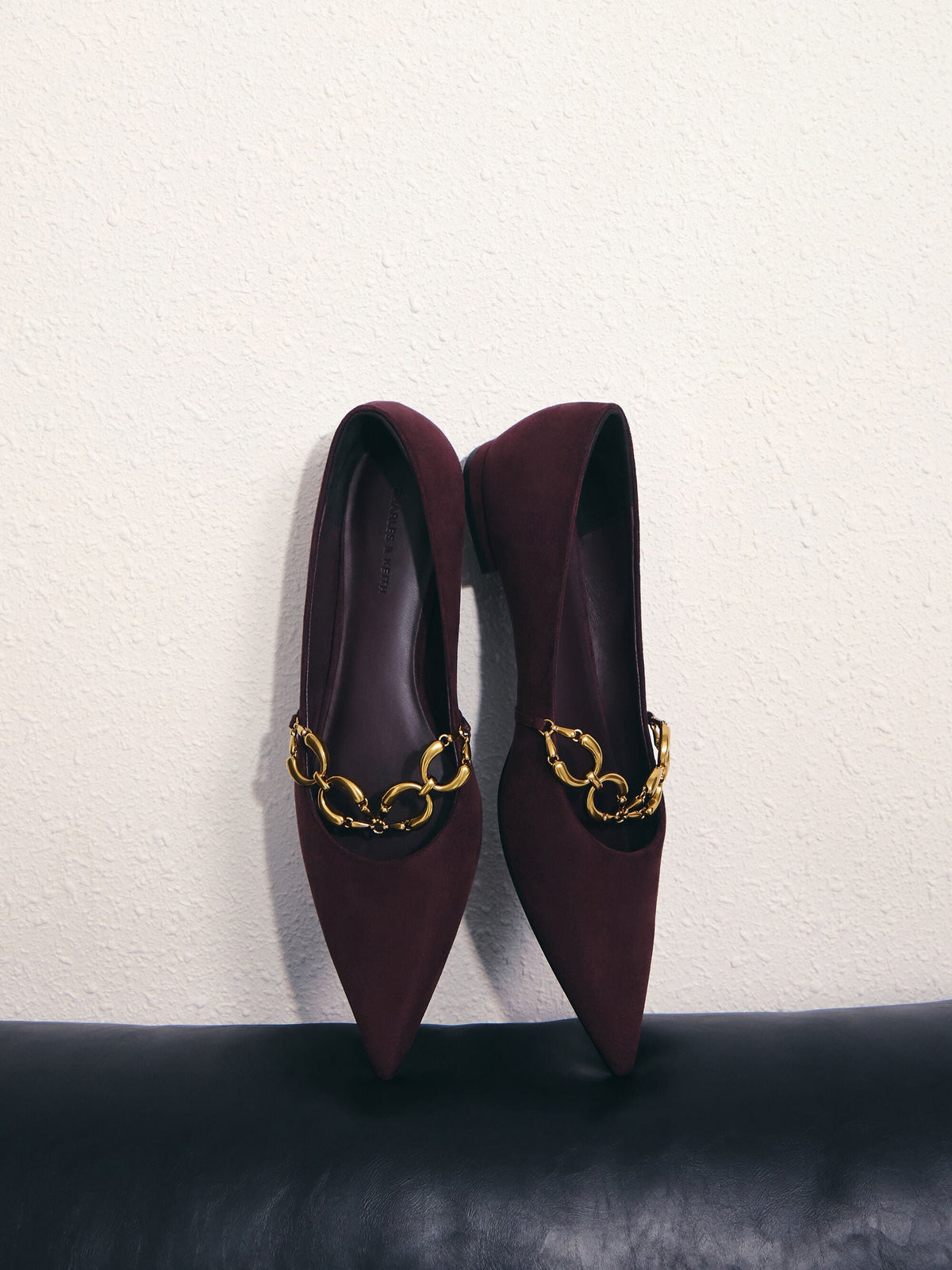 CHARLES & KEITH Discount / Faux Suede Metallic-Accent Ballet Flats - Burgundy
