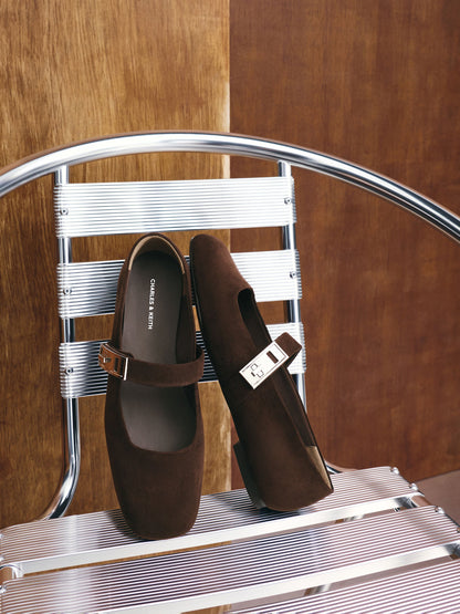CHARLES & KEITH Value / Lando Faux Suede Mary Jane Flats - Dark Brown Textured