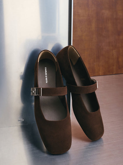 CHARLES & KEITH Value / Lando Faux Suede Mary Jane Flats - Dark Brown Textured