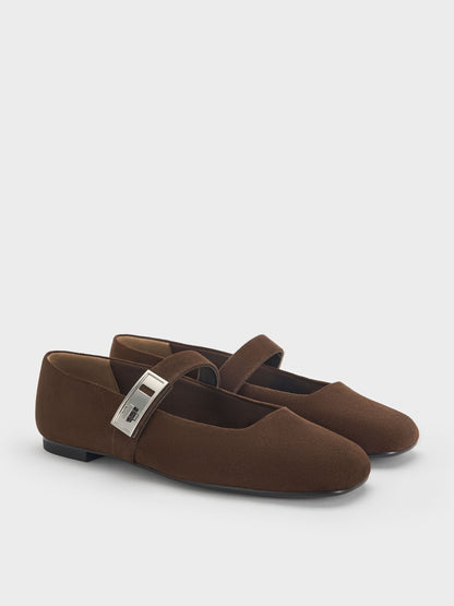 CHARLES & KEITH Value / Lando Faux Suede Mary Jane Flats - Dark Brown Textured